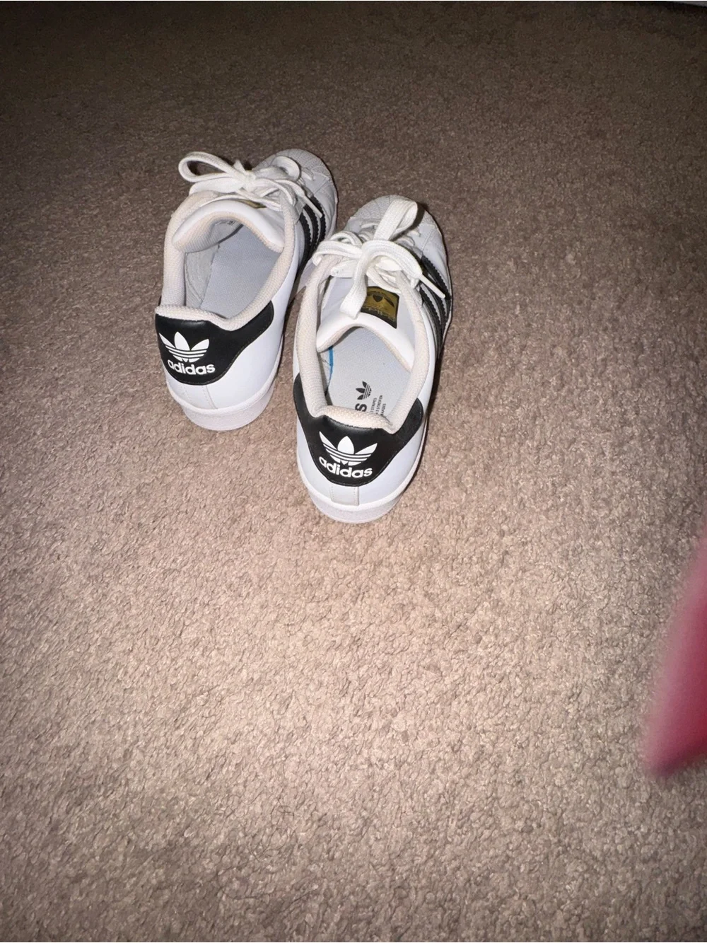 adidas womens White Sneakers with Black Stripes and Gold Logo